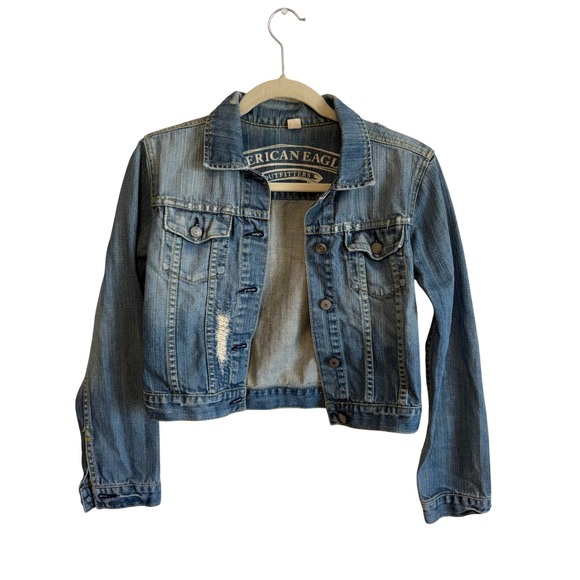American Eagle Outfitters Denim Jacket Medium M Distressed Cropped Jean - Picture 1 of 11